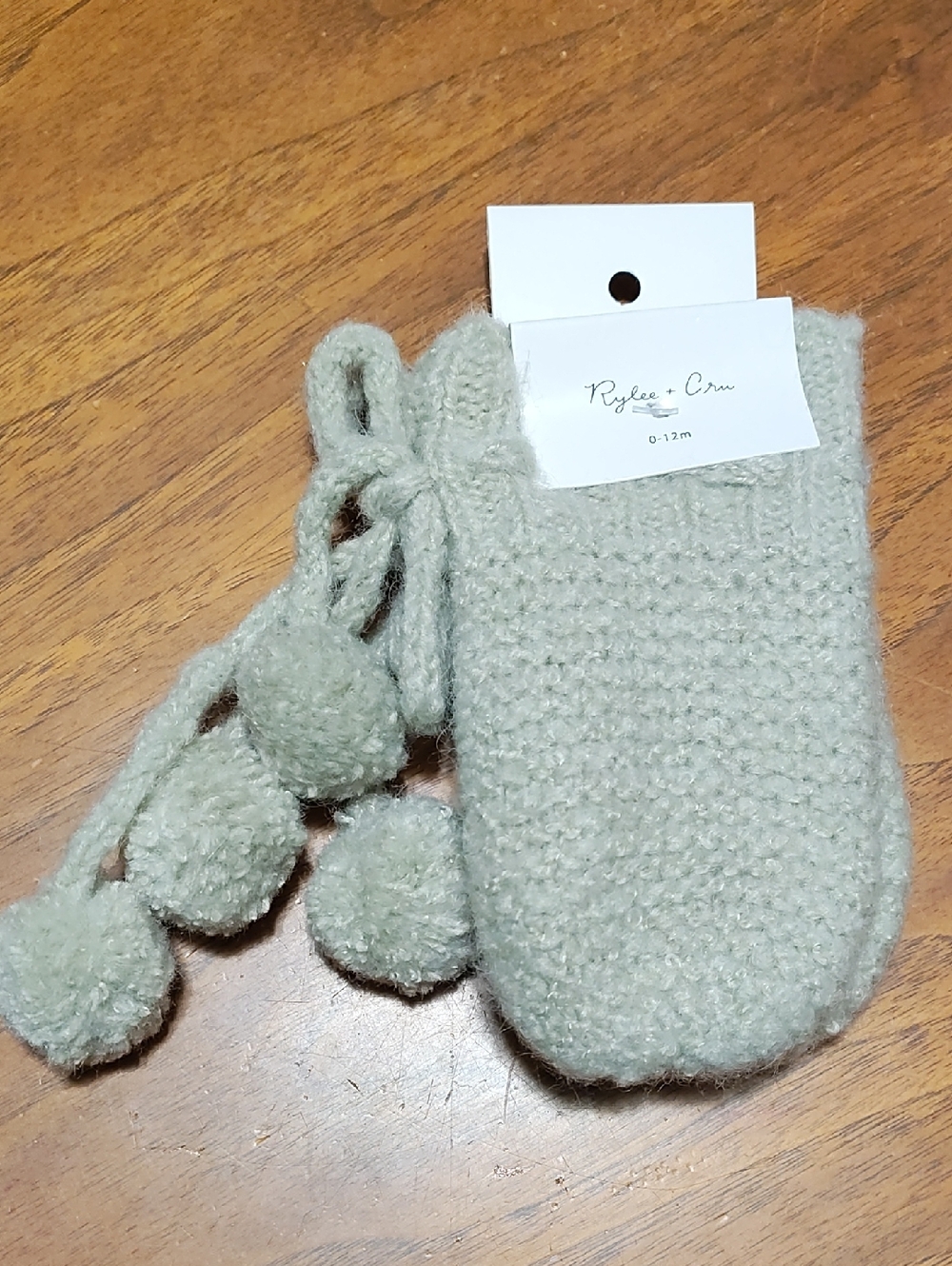 Rylee + Cru Toddler Pom-Pom Knit Mittens in Light Sage Green, 0-12 Mo